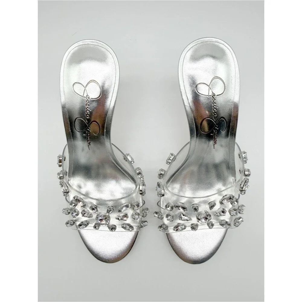 Jessica Simpson Primana Crystal Clear Stiletto Slide Mule Sandals Silver 5 NEW